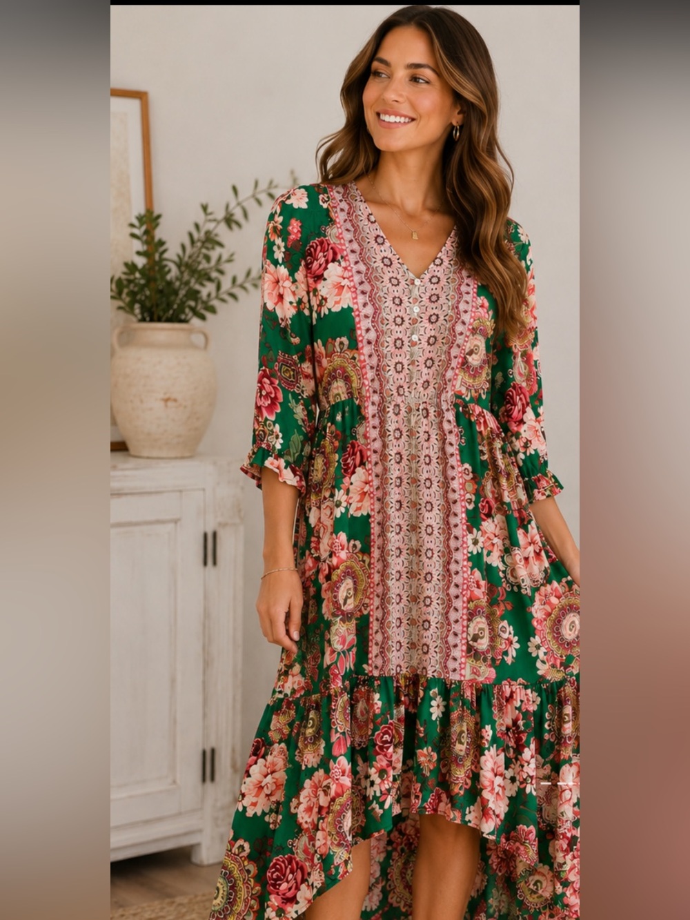 Figueroa & Flower Boho Floral Rayon Midi Tired Dress Green Pink Medium